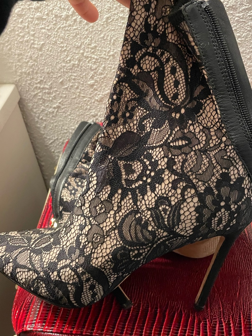 Marciano Black Lace Pointed Stiletto Ankle Bootie